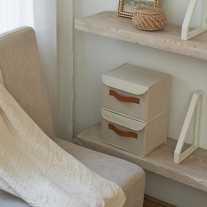 Decorative Linen Storage Boxes with Lids - Spacious Set of 2 Organizer Bins for Your Home Decor - The Perfect Small Container to Safely Store Photos, Documents and Memory Box Keepsakes in Style