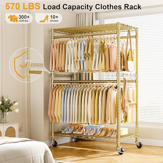 ULIFHOME P4 Plus Rolling Clothes Rack Heavy Duty, Clothing Racks for Hanging Clothes, Free Standing Garment Racks with Wheels, Portable Closet Rack 45'' W × 20.5'' D × 80.5'' H, Max Load 570 Lbs, Gold