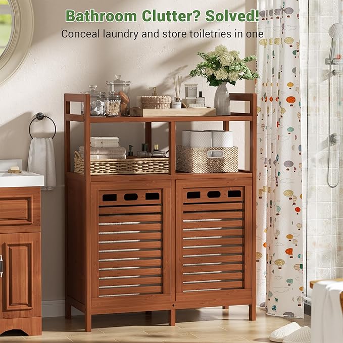 Homykic Tilt Out Laundry Hamper Cabinet, Bamboo Double Laundry Hamper with 2 Removable Laundry Baskets, 20 Gal Laundry Sorter Organizer with Shelf for Dirty Clothes, Bathroom, Laundry Room, Walnut