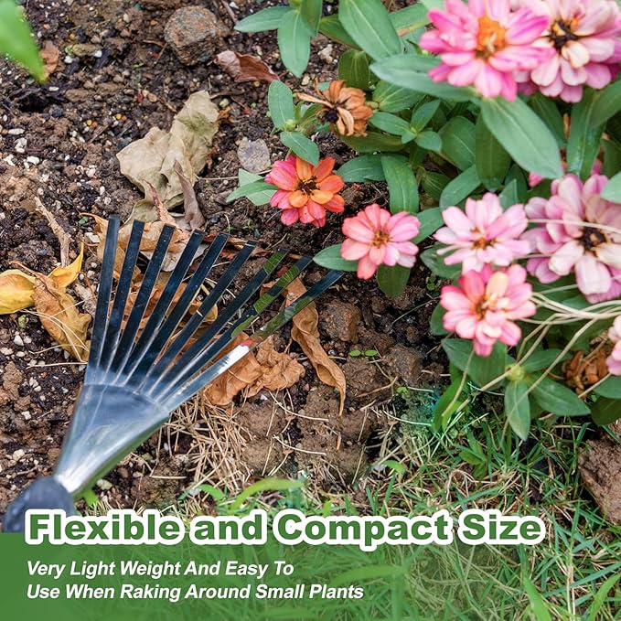 Haliaeetus Garden Hand Rake, 14.6'' Small Rake for Tight Areas, 9 Tines Stainless Steel Garden Rake with Ergonomic Wood Handle for Clearing Leaves and Loose Debris in Flower Bed and Around Plants