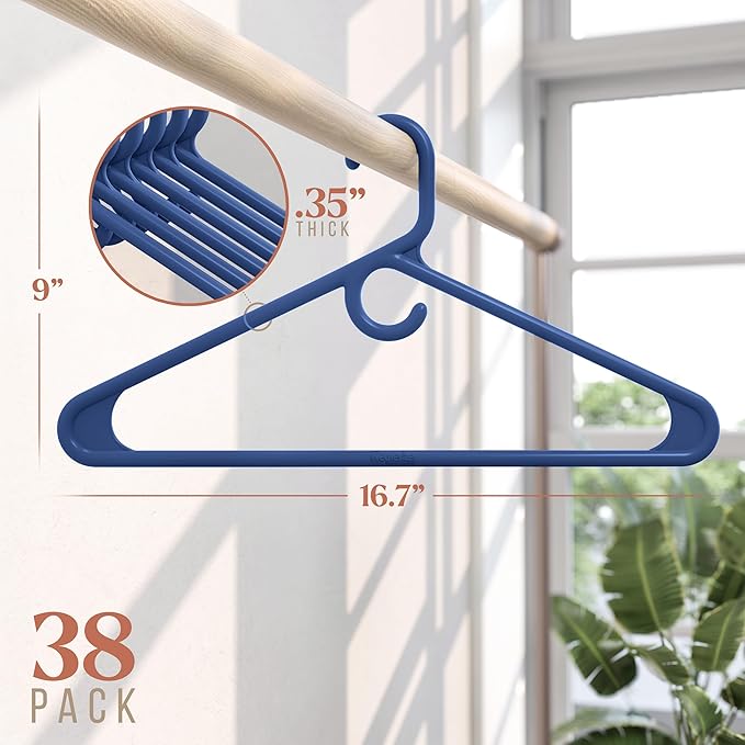 NEATERIZE Thick Heavy Duty Hangers - Navy Plastic Clothes Hangers 38 Pack - Great for Coat Hanger, Jackets Jeans & Suit Hanger for Closet - New Apartment Essentials Percheros Ganchos para Colgar Ropa