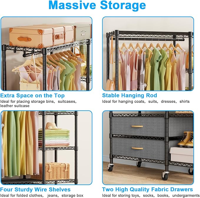 Ulif F3R Heavy Duty Clothes Rack（With Lockable Wheels）Freestanding Clothing Racks for Hanging Clothes，Adjustable Closet Organizer System，Portable Garment Rack 40"W x 15"D x 74"H，Max Load 700LBS，Black