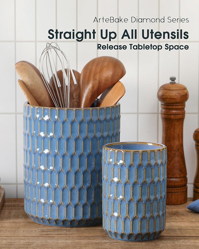 Utensil Holder, 7.5"+5.3" Ceramic Kitchen Utensil Holder for Countertop, Large Cooking Utensil Crock for Kitchen Counter, Set of 2, Blue