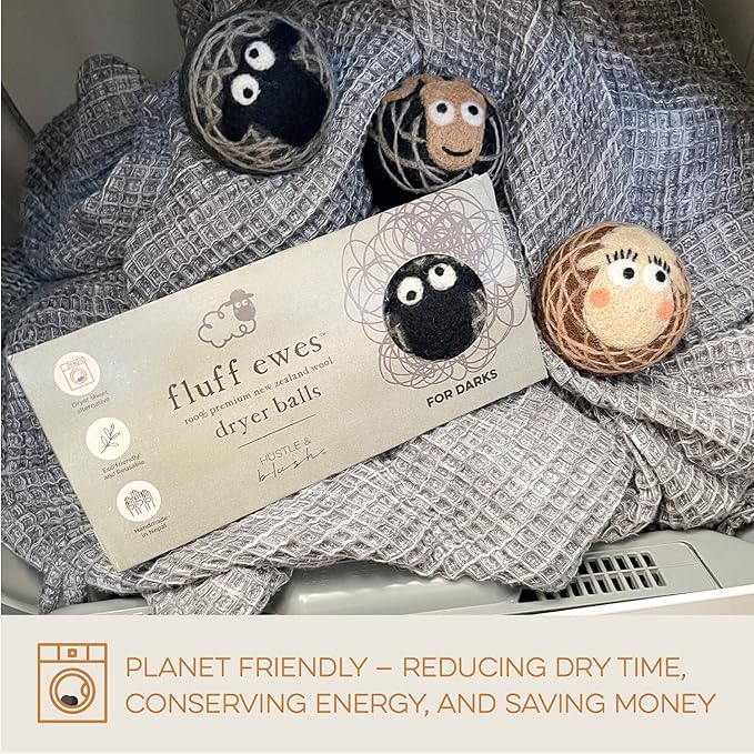 Hustle & Blush Fluff Ewes Wool Dryer Balls 3 Pack - Extra Large Darks Premium Hand Needled New Zealand Laundry Set, Reduces Drying Time, Static Control, Chemical Free Reusable for Essential Oils
