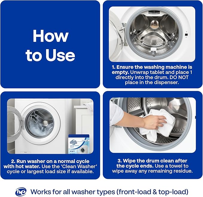 Earth Breeze Washing Machine Cleaner Tablets - 1 Year Supply - Deep Cleans, Removes Odors, Residue & Buildup - Front Load, Top Load & HE Washers - Fragrance-Free - No Harsh Chemicals - Made in USA