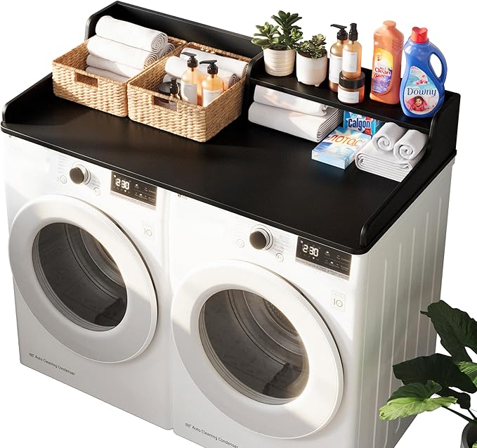 Washer Dryer Countertop, Laundry Wood 2 Tier Shelves Topper with Edge, 54" W x 26.7" D Cover Guard Organizer for Washer and Dryer Laundry Hamper Counter Storage Organization Black