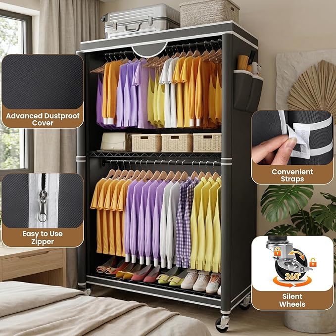 Clothes Rack With Cover, Heavy Duty Clothing Rack for Hanging Clothes, Rolling Garment Rack with Lockable Wheels, Metal Clothing Rack, Portable Closet 35.4"W x 17.1"D x 71.8"H, Hold 425 lbs, Black