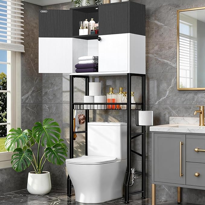 Over-The-Toilet Storage Rack, 4-Tier Bathroom Organizer Shelf Over Toilet with Barn Doors Cabinet and Basket, Freestanding Space Saver Bathroom Shelves with Paper Holder Above Toilet (Black & White)