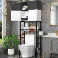 Over-The-Toilet Storage Rack, 4-Tier Bathroom Organizer Shelf Over Toilet with Barn Doors Cabinet and Basket, Freestanding Space Saver Bathroom Shelves with Paper Holder Above Toilet (Black & White)
