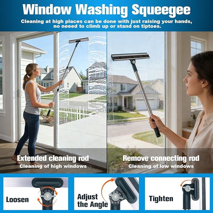 XANGNIER Window Cleaning Kit Tool with Storage Bucket,Window Washing Kit with Extension Pole,Professional Windows Washer Cleaner Squeegee Kits,Commercial&Household Use,Indoor&Outdoor High Windows