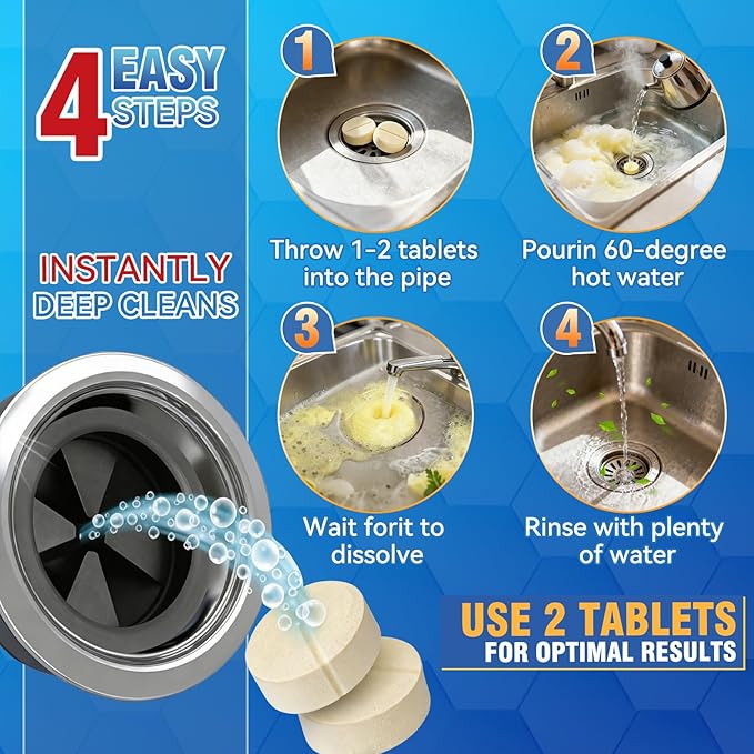 Garbage Disposal Cleaner and Deodorizer Tablets, 25 Pack Sink Cleaner Tablet, Powerful Foam Drain Cleaner, Effectively Removes Residue, Grime and Odors for Kitchen, Bathroom, Toilet, 1 Year Supply