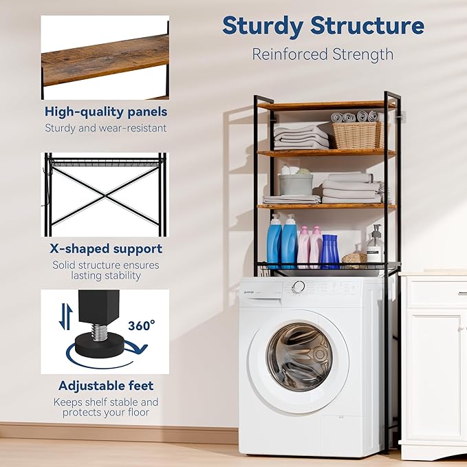Laundry Room Storage Shelf & Organizer, 4 Tier Over Metal Washer and Dryer Shelves, Washing Machine Shelf, Adjustable Height & Feet, Bathroom Space Saver Shelf, 23.8”W x 9.9”D x 68.1”H, Black