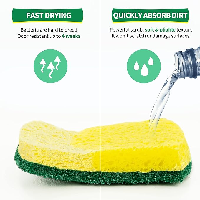 HOMERHYME Heavy Duty Sponges, 12 Pack Cellulose Scrub Sponge, Dual-Sided Kitchen Sponge, Multipurpose Sturdy Ergonomic Design for Kitchen Dishwashing, Uncoated Cookware, Sink, and Countertops