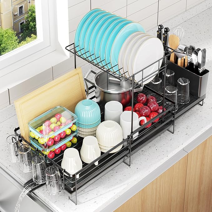 2 Tier Large Dish Drying Rack, Expandable Dish Rack for Kitchen Counter, Dish Drainer with Drainboard Set, Multifunctional Dishrack with Utensil Holder & Cup Holder, 13.4"-28.7" L x 11.8" W