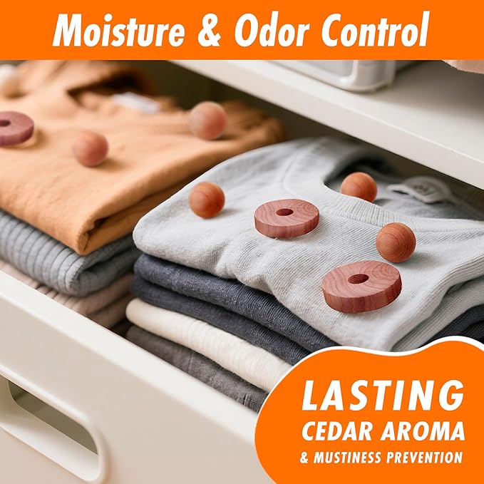 Cedar Blocks for Clothes Storage 100% Aromatic Red Cedar Balls & Rings Dresser Drawer Freshener Odor Eliminator 30 Rings & Bonus 10 Balls Total 40 Pieces
