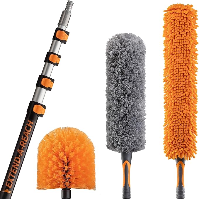 24 Foot High Reach Duster Kit with 5-18 ft Extension Pole // High Ceiling Duster Cleaning Kit with Telescopic Pole // Cobweb Duster // Feather Duster and Ceiling Fan Duster // The Ultimate Dusting Kit