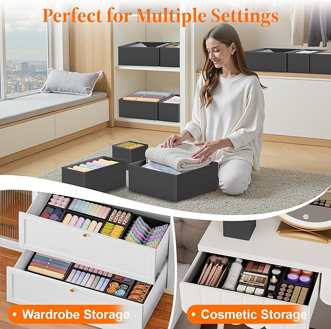 TasticTotes Drawer Organizer Clothes, 24 Pack Drawer Organizers and Underwear Organizer for Nursery, Dividers Clothes Organizer, Closet Organization and Foldable Storage Bins for Sock, Bra, Tie, Black