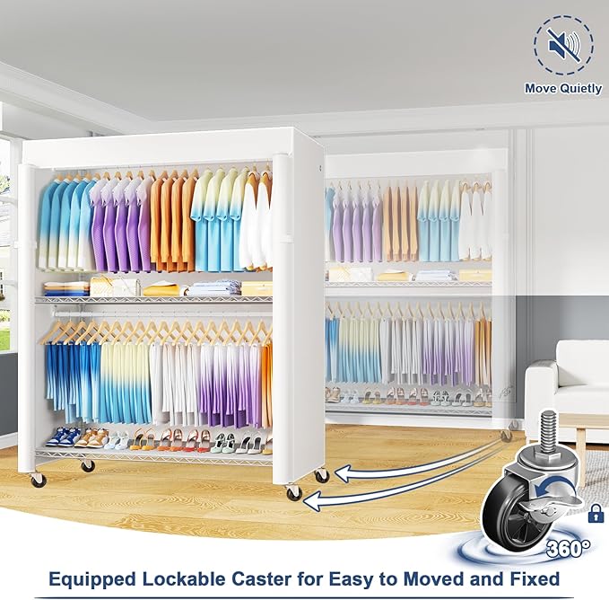 ULIFHOME P8C Max Heavy Duty Clothes Rack（With Extended Width Design） Rolling Clothing Racks for Hanging Clothes with Lockable Wheels，51.2"W x 15.8"D x 80.5"H，Load 700LBS，White Rack with White Cover