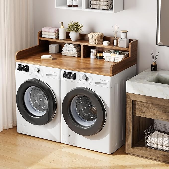 Garvee 54" Washer Dryer Countertop with 2-Tier Shelf, Wooden Laundry Countertop with Non-Slip Pad and Guard Rails, Washer and Dryer Topper for Laundry Room Organization