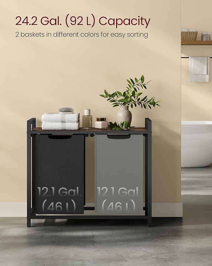 VASAGLE Laundry Hamper, Laundry Basket, Laundry Sorter with 2 Pull-Out and Removable Bags, Shelf, Metal Frame, 2 x 12.1 Gallons (46 L), 28.8 x 13 x 28.4 Inches, Bicolor and Rustic Brown UBLH201X01