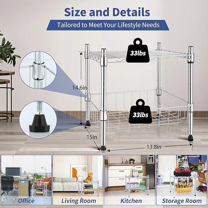YSSOA 2-Tier Shelving Unit, 15" W x 13.8" D x 15" H Wire Metal Stackable Storage with Basket, Chrome, 2 Pack
