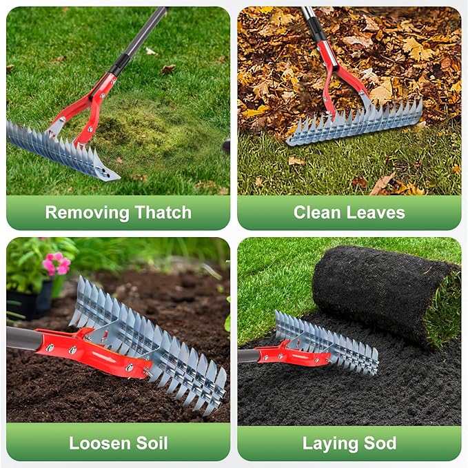 Thatch Rake, 15-Inch Wide dethatcher rake for Cleaning Dead Grass, Adjustable Dead Grass rake for Yard Lawn,thatch rakes for lawns with Stainless Steel Handle, Yard dethatcher rakes, 70-Inch Length.