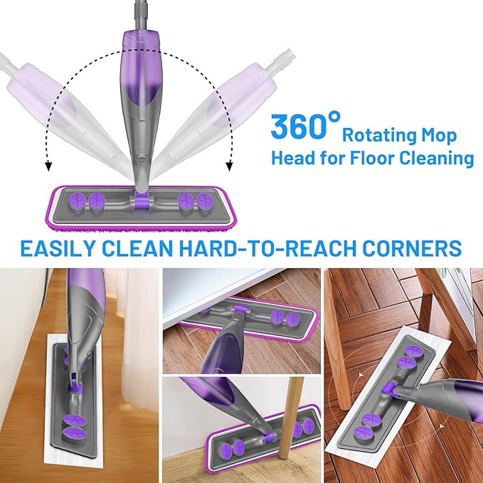 Spray Mops for Floor Cleaning - Wet Dry Mops with 2 Washable + 2 Disposable Pads for Swiffer Powermop - Refillable Bottle for Hardwood Tile Home Kitchen - Absorbs Pet Hair Dust Stains