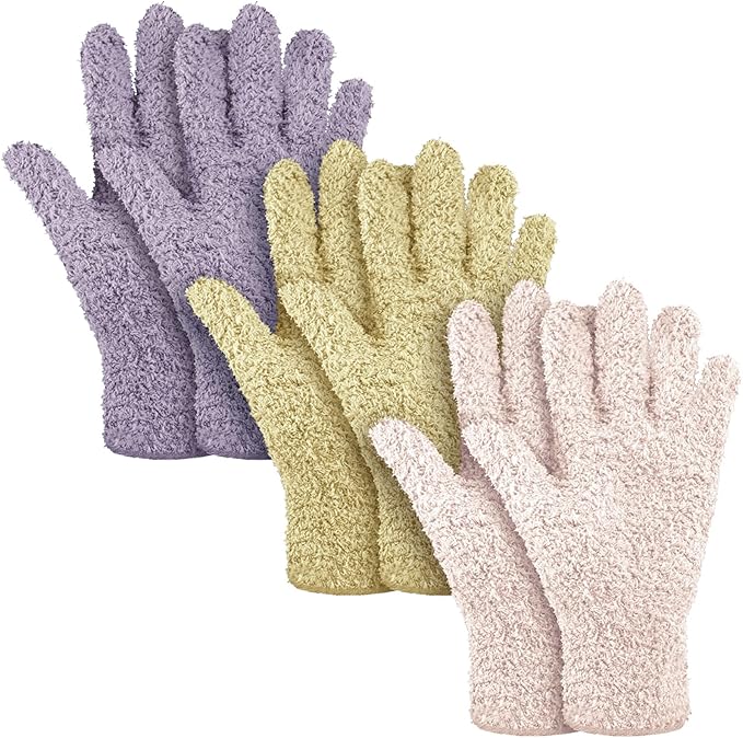 Patelai 3 Pairs Microfiber Plant Dusting Gloves Leaf Cleaning Gloves for Indoor Plants, Blinds, Furniture, House (Pink,Nude,Light Purple,Medium)