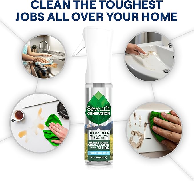 Seventh Generation Ultra Deep Probiotic Multi Surface Cleaner, 9.4 Fl Oz, Fresh Breeze, 80% USDA Biobased All Purpose Cleaning Spray, Breaks Down Tough Grease & Grime, Safe for Kids & Pets