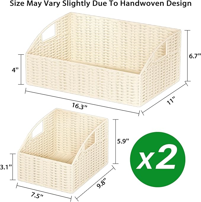 Ollieroo Rattan Storage Baskets, Handwoven Wicker Storage Bins with Built-in Handles, Storage Container Baskets for Shelves, Bedroom, Bathroom, Laundry Room or Kitchen(Beige)