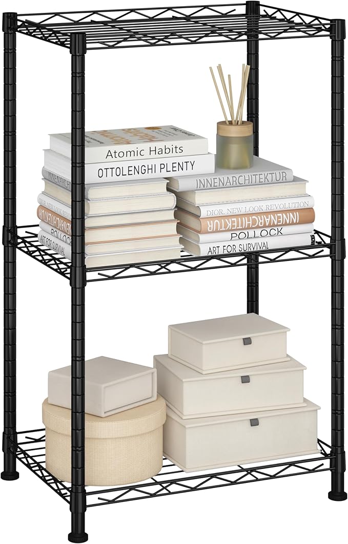 HOMEFORT Storage Shelves, 3-Wire Shelving, Metal Shelving Unit Adjustable Storage Shelves Rack for Kitchen, Pantry, Bathroom, Black, 15.7" W x 11.4" D x 30" H