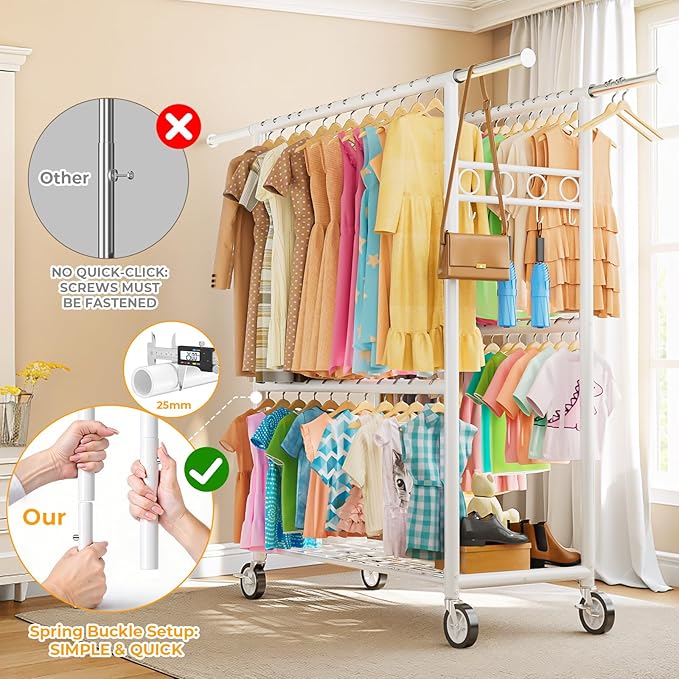 Heavy Duty Clothes Rack Load 1060LBS, Four Rods Rolling Clothing Racks for Hanging Clothes, Rolling Garment Rack With Sturdy Wheels Shelves Hooks, Portable & Adjustable Commercial Garment Rack, White