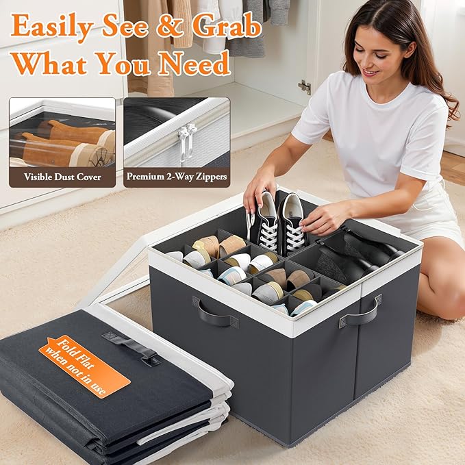 StoreHappily Shoe Organizer for Closet - 2 Packs Hold up to 32 Pairs, Large Shoe Storage Organizer Containers with Adjustable Dividers, Clear Cover, Leather Handles for Heels, Boots, Sneakers (Gray)