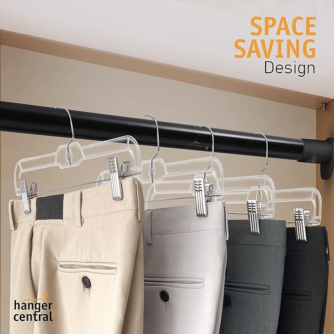 Hanger Central Premium 14 Inch Clear Pants Hangers with Adjustable Clips - 12 Pack Space-Saving Skirt Hangers - Non-Slip Heavy Duty Plastic Closet Organizers with 360° Swivel Hook