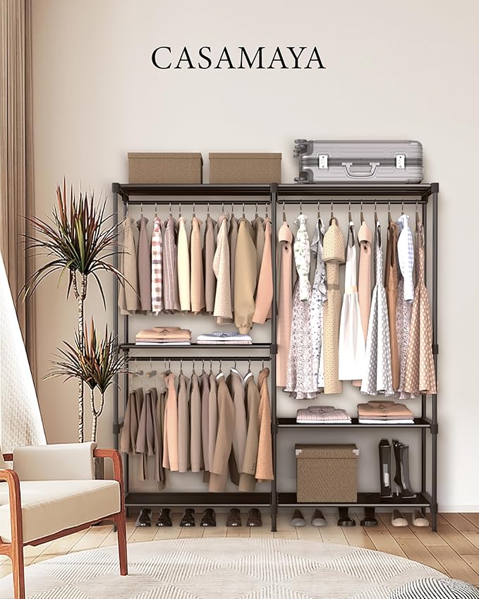 CASAMAYA Clothes Rack, Portable Closet, 54.3 Inch Large Capacity Wardrobe Closet, Clothes Storage Organizer with Shelves and 3 Hanging Rods, Easy to Assembly, Black PCT022B01