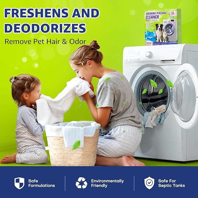Washing Machine Cleaner Tablets for Pet Owners - Easily Removes Cat & Dog Hair, Urine, Odor,Residue,Front & Top Load Washer Machine Cleaner Deep Cleaning, Septic Safe, 24 Pack (12 Month Supply)