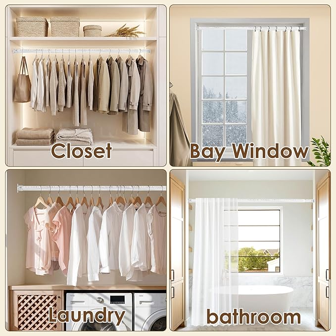 Closet Rod 17-75 Inches，1.3 Inch Diameter Heavy-Duty Adjustable Closet Rods for Hanging Clothes Closet Hanging Rod Metal Closet Poles for Wardrobes Laundry RV Bathroom（White Wood Grain Finish）