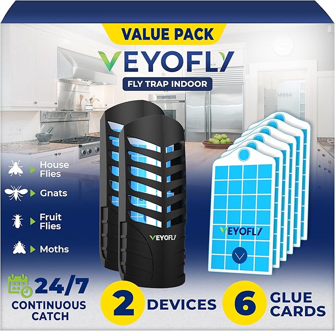 VEYOFLY Fruit Fly Traps for Indoors, Fly Trap Indoor, (2 Device + 6 Refills) Fly Catcher Indoor, Gnat Traps for House Indoor, Fly Trap, Plug in Light Flying Insect Trap, Bug Killer