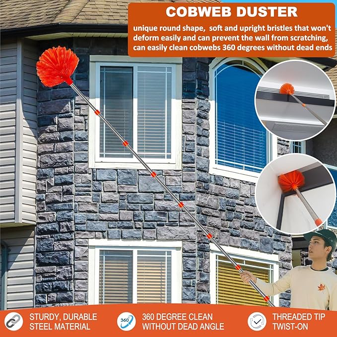 20+ Feet High Reach Duster Kit with 3-14 ft Extension Pole High Ceiling Dusting and Window Cleaning Kit with Spliceable Pole - Window Washer & Squeegee, Cobweb Duster, Fan Blade and Feather Dusters