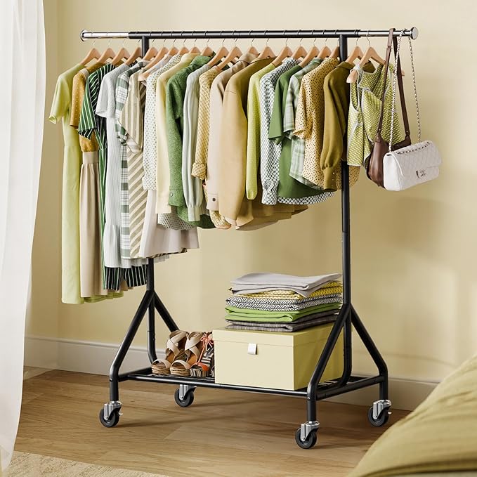 Holiwei Clothes Rack Load 450 LBS, Heavy Duty Garment Rack, Standing Rolling Metal Hanging Clothes with Sturdy Wheels & Shelves, Black