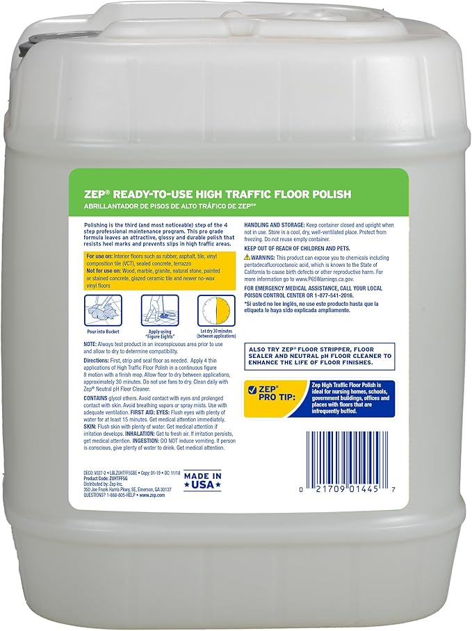 Zep High Traffic Floor Polish - 5 Gal (1 Pail) ZUHTFF5G - Scuff and Slip Resistant Durable Floor Finishing Polish for Vinyl (VCT), Sealed Concrete, Rubber, Tile, and Terrazzo Floors
