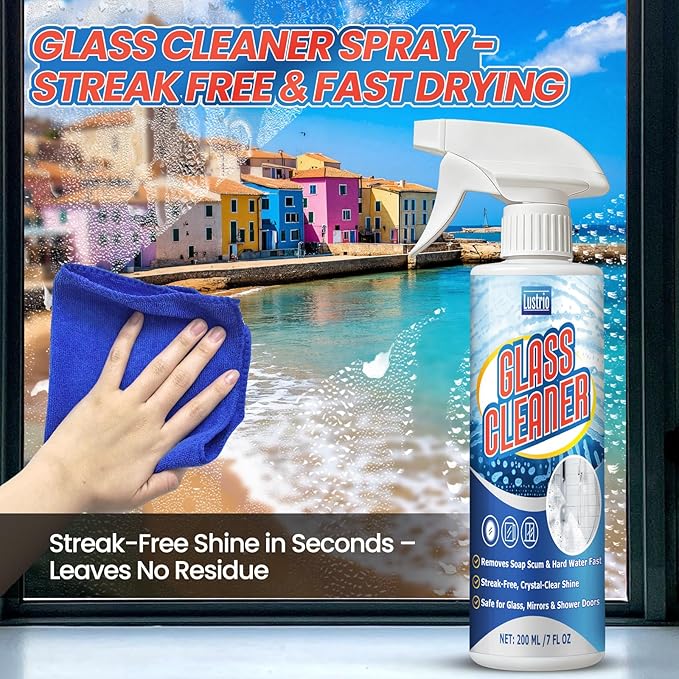 Instant Shine Bathroom Glass Cleaner with Microfiber Towel – Removes Hard Water Limescale, Soap Scum on Shower Doors, Tiles & Mirrors | Streak-Free No Residue Fast Drying Multi-Surface Safe (200ml)
