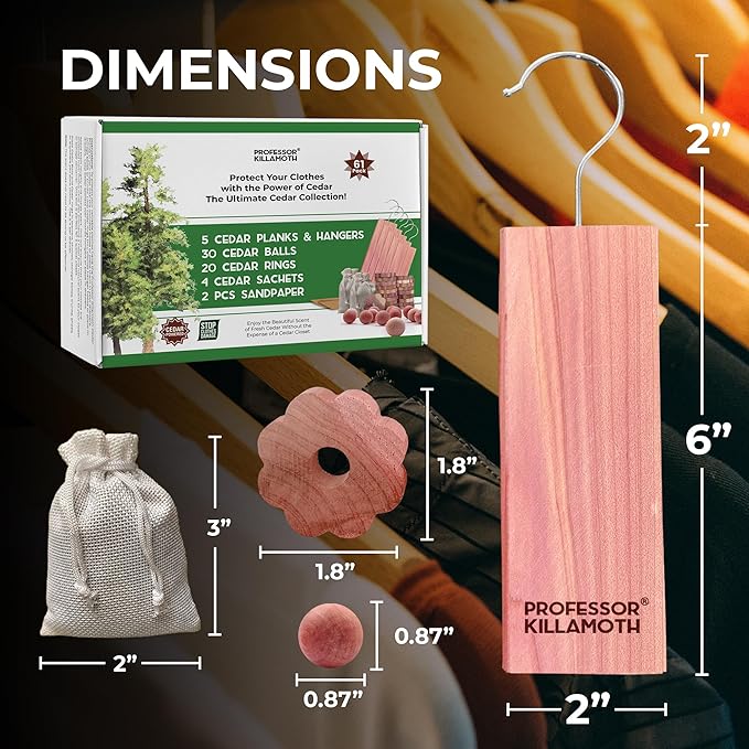 Professor Killamoth 61 Pack Cedar Blocks, Sachets, Rings, Balls - Stop Clothes Damage - The Ultimate Cedar Collection to Protect Your Clothes