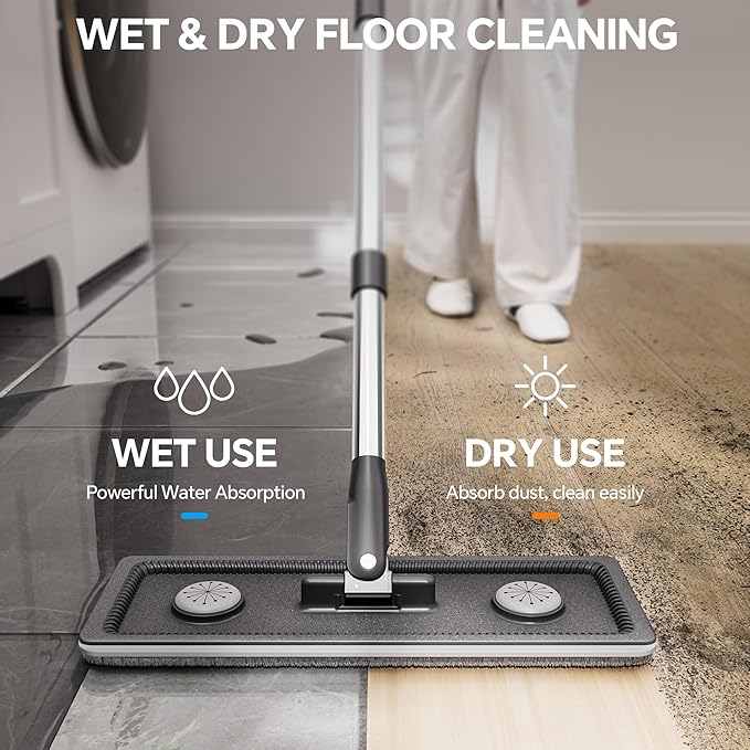 Compact Floor Mop and Bucket - Flat Mop and Bucket with Wringer Set Hands Free | Wet Dry Mop for Apartment, Tiny Home, RV, Windows, Wall, Hardwood, Vinyl, Floor with 6 Microfiber Cloths