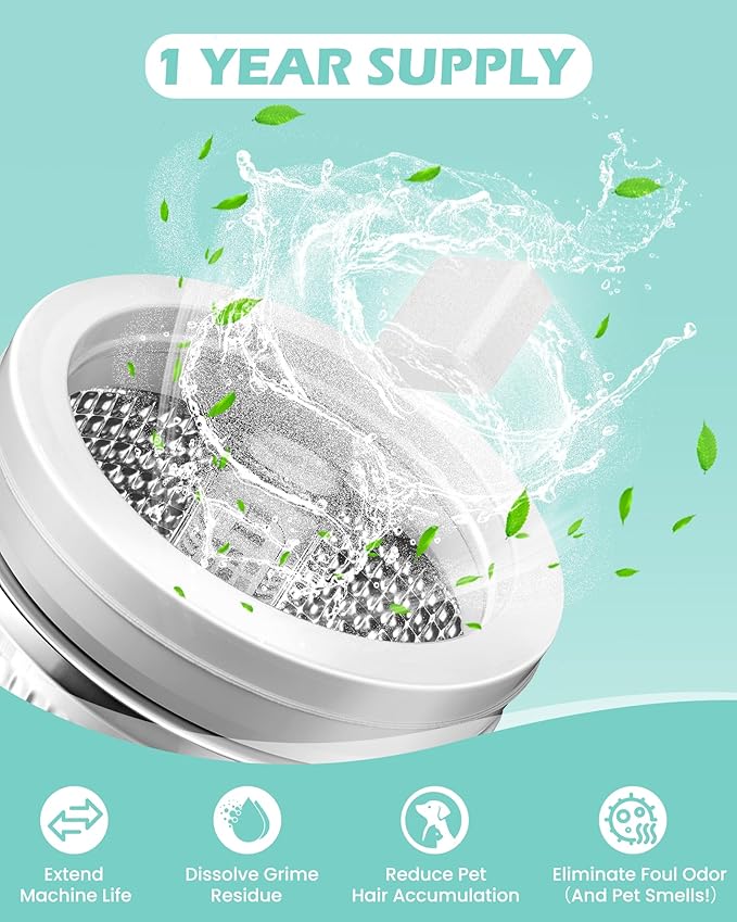Washing Machine Cleaner Tablets: 24 Pack Deep Cleaning For HE, Front Loader & Top Load Washer, Removes Pet Hair, Odors, Formulated for Pet Owners, Septic Safe, 12 Month Supply, 11G