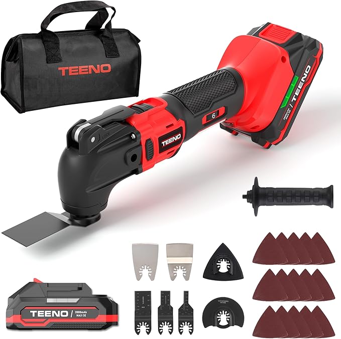 TEENO 20V Cordless Oscillating Tool with Battery, Oscillating Multi Tool with 6 Variable Speeds, Quick-Lock Change System, 4° Oscillation Angle, 26PCS Multitool Blades & Carrying Bag for DIY Projects