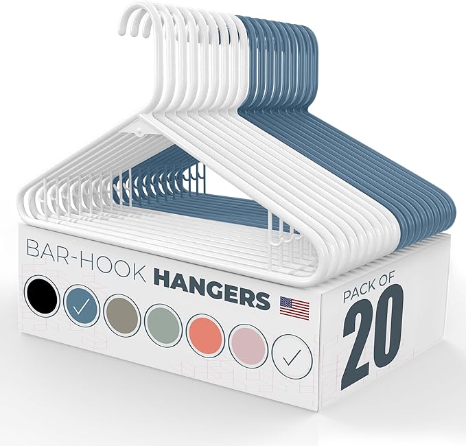Neaties Plastic Hangers 20 Pack - Made in the USA - 6lb Capacity Standard Clothes Hangers with Strap Hooks for Dresses, Lingerie, Shirts, Pants, and Jackets - White & Blue