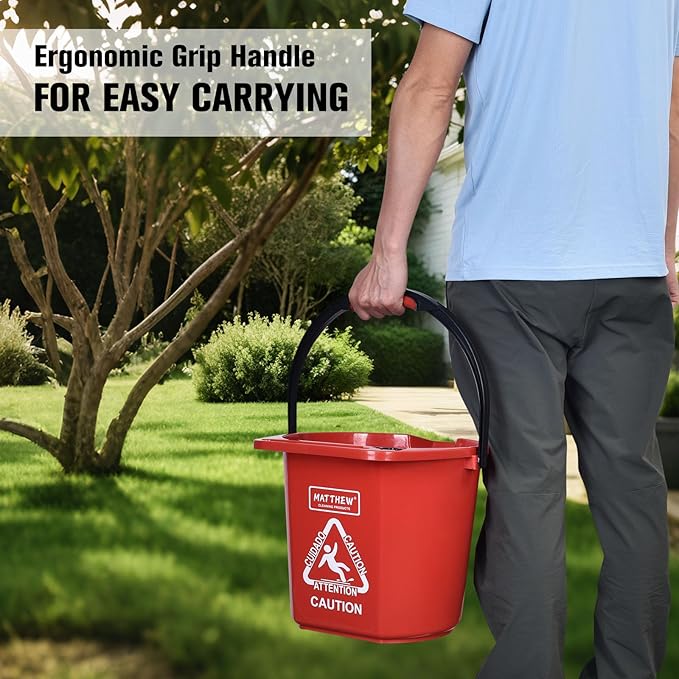 Matthew Cleaning 4.2 Gallon Mop Bucket, Heavy Duty Plastic Cleaning Bucket with Built-in Pour Spout, Mop Holder and Comfort Grip Handle, House and Commercial Cleaning Supplies, 2 Pack Red