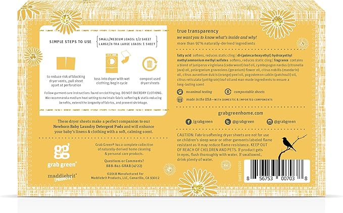 Grab Green Newborn Baby Dryer Sheets - Natural Scent Booster and Fabric Softener to Reduce Wrinkles and Static (Calming Chamomile Scent, 40 Sheets Total)