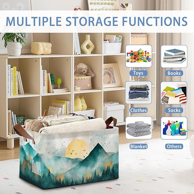 Abstract Mountains Collapsible Storage Box,Golden Sun Organizer Bin with Handles for Room Decoration,Bins Book Basket Box 17x11.5x10Inch